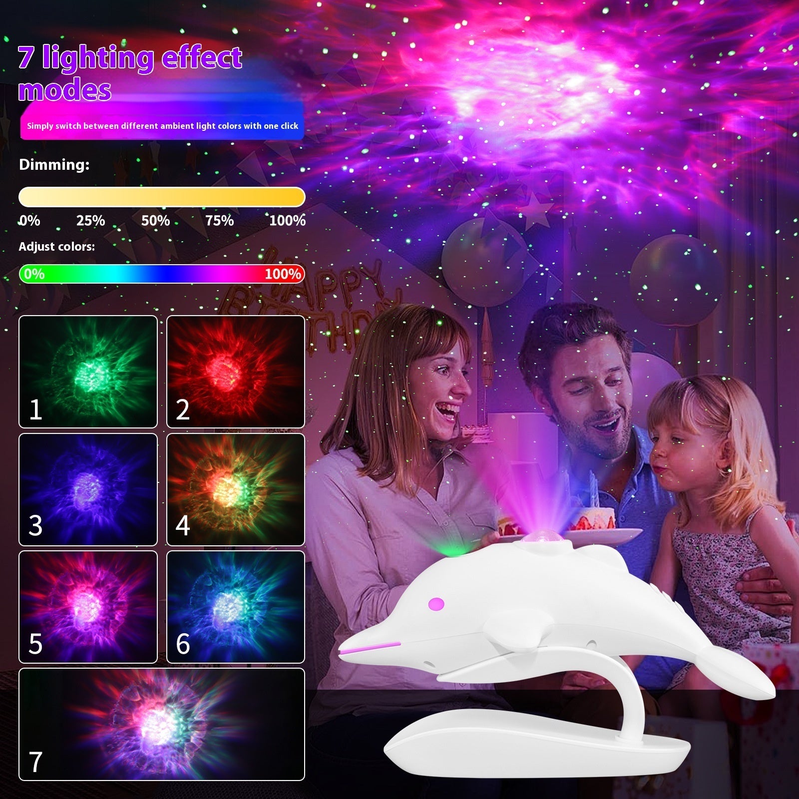 Lampada a proiezione laser a LED colorata con delfino e stella