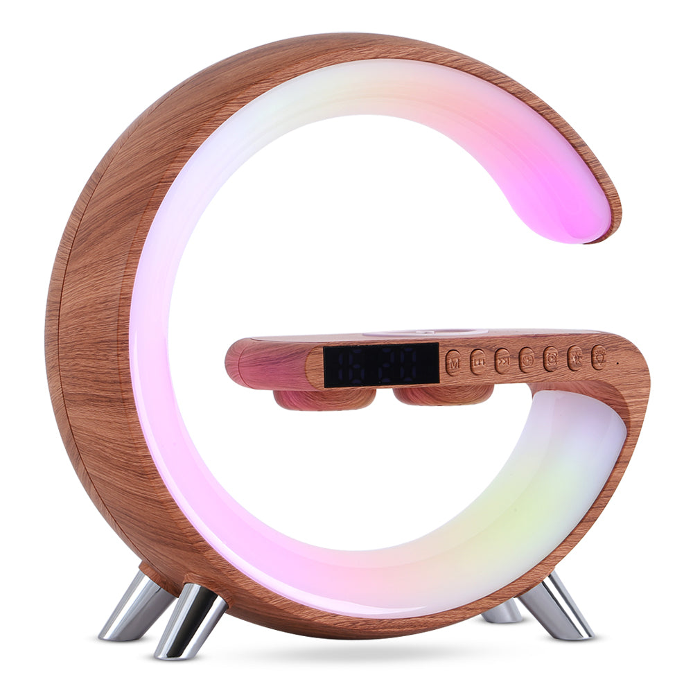 Nuova lampada LED intelligente a forma di G con altoparlante Bluetooth, caricabatterie wireless e controllo tramite app per camera da letto e arredamento domestico.