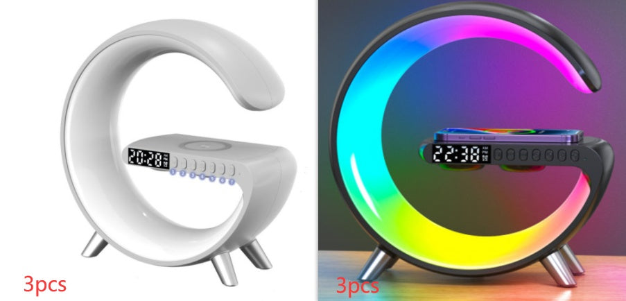 Nuova lampada LED intelligente a forma di G con altoparlante Bluetooth, caricabatterie wireless e controllo tramite app per camera da letto e arredamento domestico.