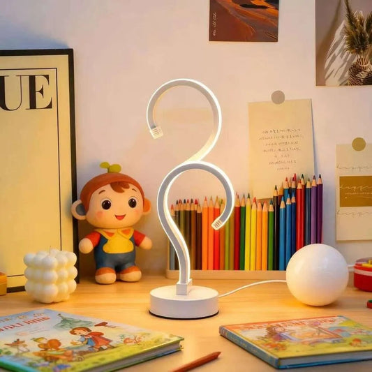 Elegante lampada da tavolo bianca a doppio punto interrogativo, alimentazione USB - Tre colori di illuminazione, adatta per la camera da letto