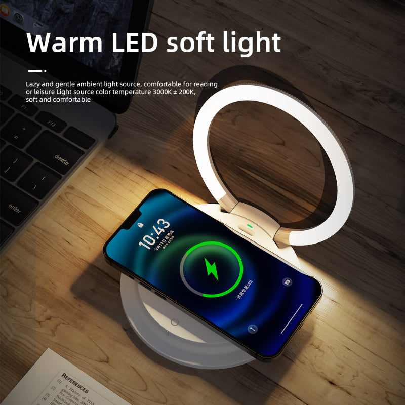 Caricatore Wireless 2 in 1 con Supporto Pieghevole per Telefono, Lampada da Comodino Portatile con LED a 3 Intensità e Ricarica Rapida da 15W