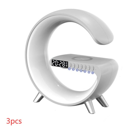Nuova lampada LED intelligente a forma di G con altoparlante Bluetooth, caricabatterie wireless e controllo tramite app per camera da letto e arredamento domestico.