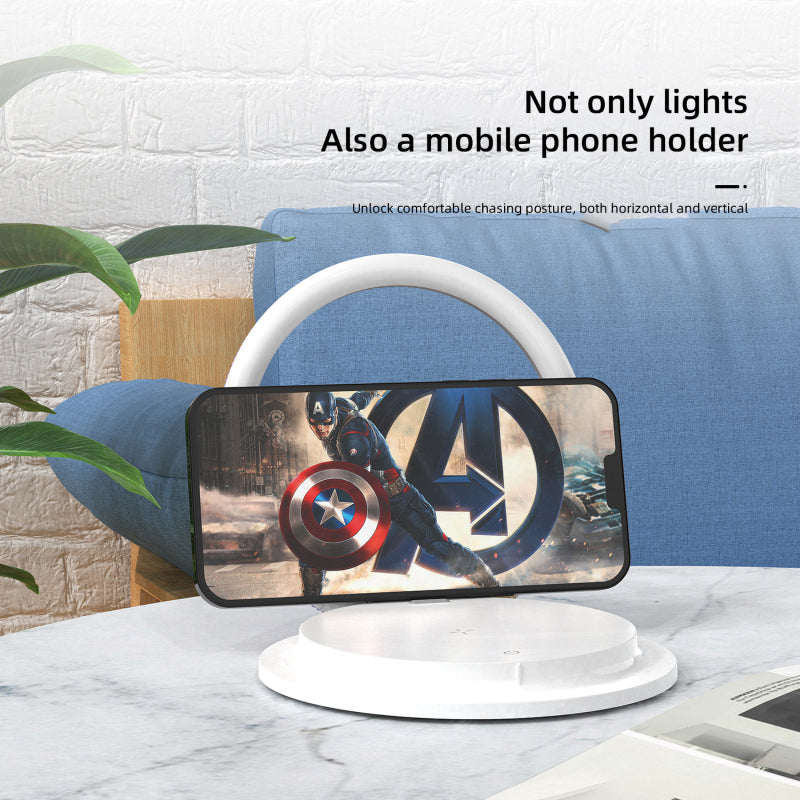 Caricatore Wireless 2 in 1 con Supporto Pieghevole per Telefono, Lampada da Comodino Portatile con LED a 3 Intensità e Ricarica Rapida da 15W