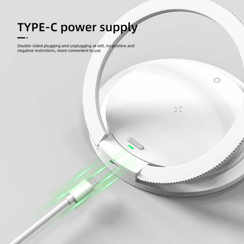 Caricatore Wireless 2 in 1 con Supporto Pieghevole per Telefono, Lampada da Comodino Portatile con LED a 3 Intensità e Ricarica Rapida da 15W