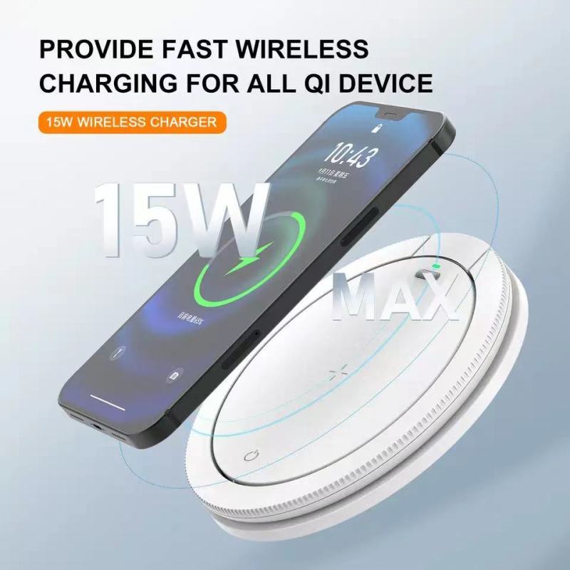 Caricatore Wireless 2 in 1 con Supporto Pieghevole per Telefono, Lampada da Comodino Portatile con LED a 3 Intensità e Ricarica Rapida da 15W