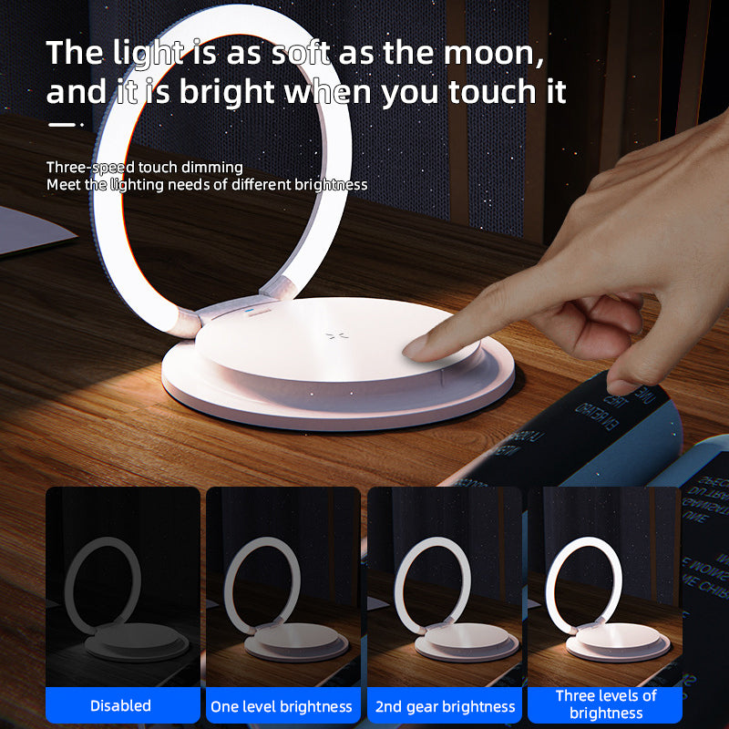 Caricatore Wireless 2 in 1 con Supporto Pieghevole per Telefono, Lampada da Comodino Portatile con LED a 3 Intensità e Ricarica Rapida da 15W