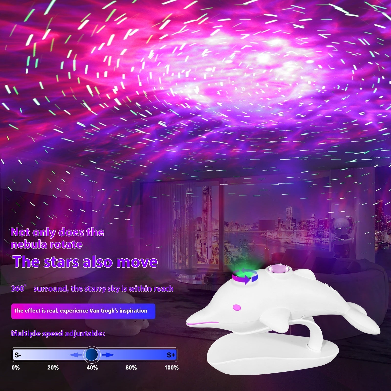 Lampada a proiezione laser a LED colorata con delfino e stella