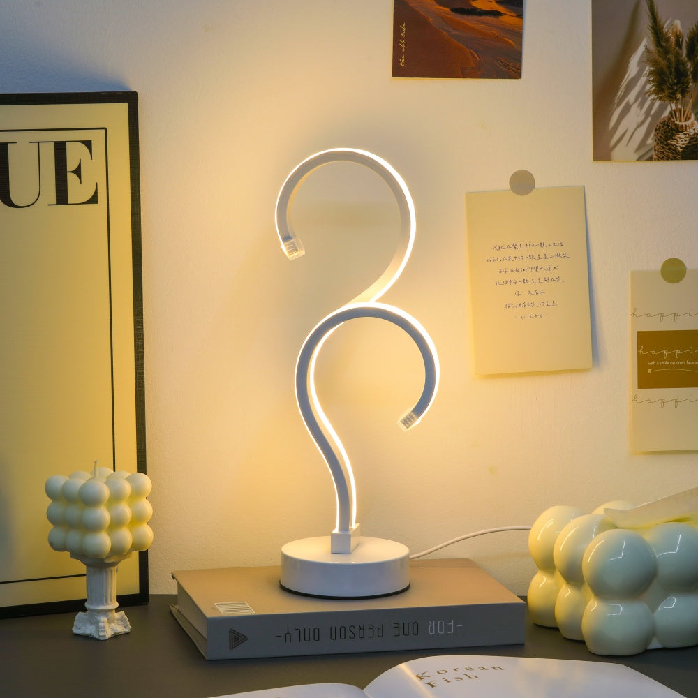 Kreative weiße Schreibtischlampe mit Doppel-Fragezeichen, USB-Stromversorgung – dreifarbige Beleuchtung, geeignet für Schlafzimmer