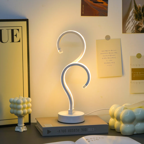 Elegante lampada da scrivania bianca con doppio punto interrogativo, alimentazione USB - Illuminazione a tre colori, adatta per la camera da letto